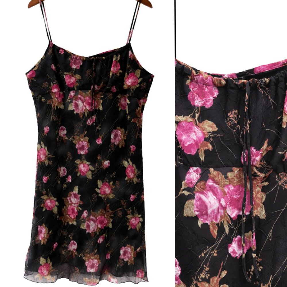 Vintage 2000s Y2K Black Floral Chiffon Babydoll Slip Dress Milkmaid Size XL